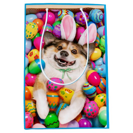 Dog Laying on Easter Eggs ミディアムペーパーバッグ (正面)