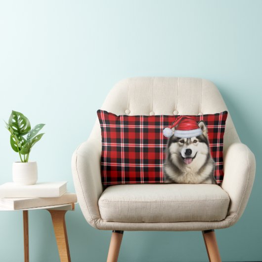 Dog Lover Christmas Alaskan Malamute Holiday Plaid ランバークッション (椅子)