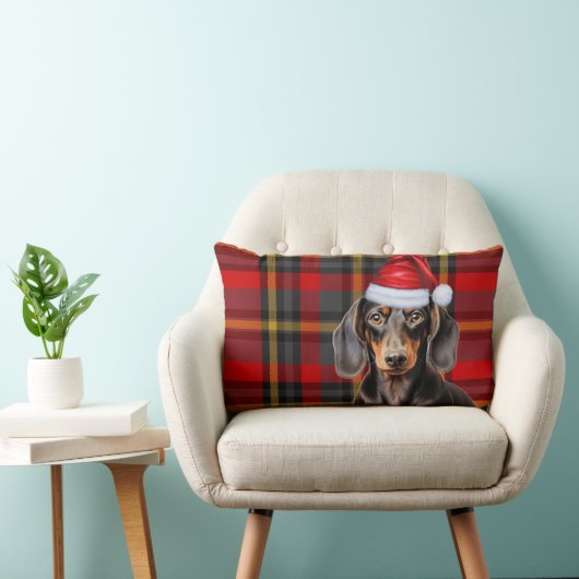 Dog Lover Christmas Dachshund Red Holiday Plaid ランバークッション (椅子)
