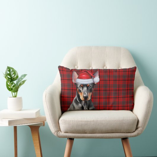 Dog Lover Christmas Doberman Red Holiday Plaid ランバークッション (椅子)