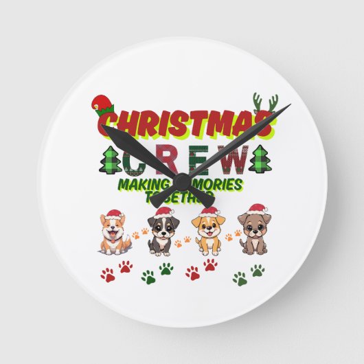 Dog Lover Christmas Family-Christmas crew dogs  ラウンド壁時計 (正面)