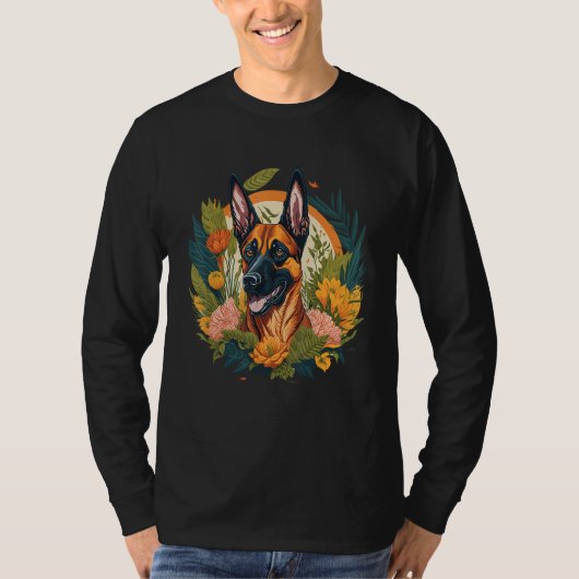 Dog Lover Smiling Belgian Malinois Dog Flowers Flo Tシャツ (正面)