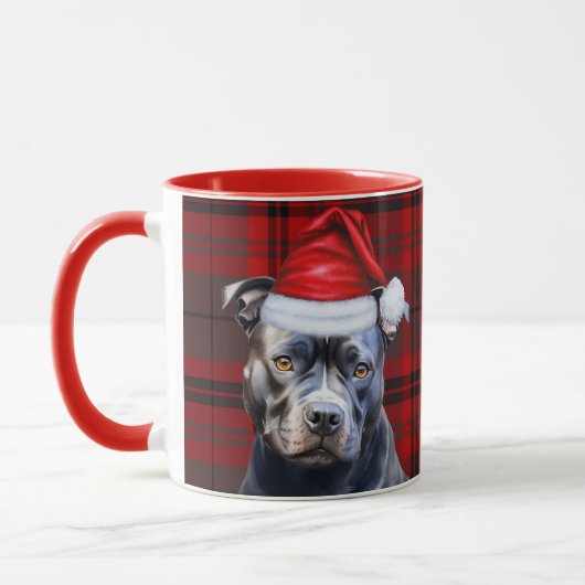 Dog Lover's Bluenose Pitbull Holiday Red Plaid マグカップ (左)