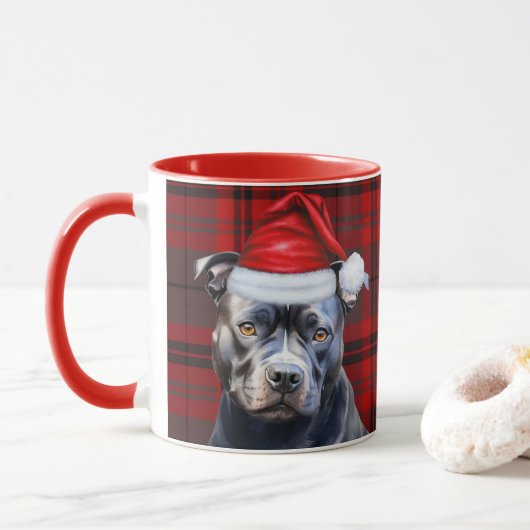 Dog Lover's Bluenose Pitbull Holiday Red Plaid マグカップ (ドーナツ)