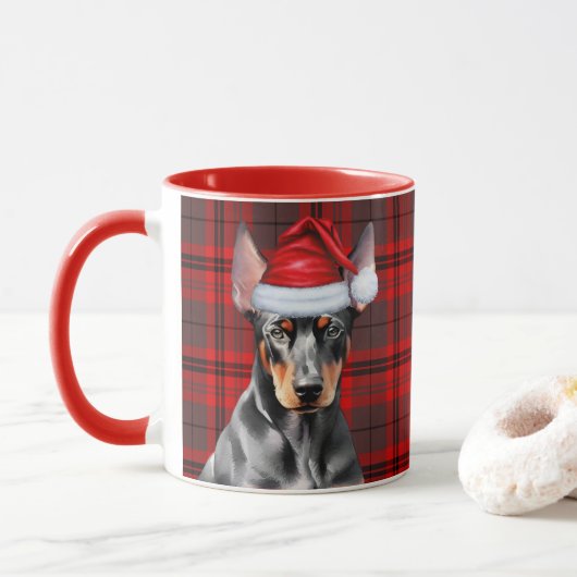 Dog Lover's Red Plaid Doberman Pinscher Holiday マグカップ (ドーナツ)