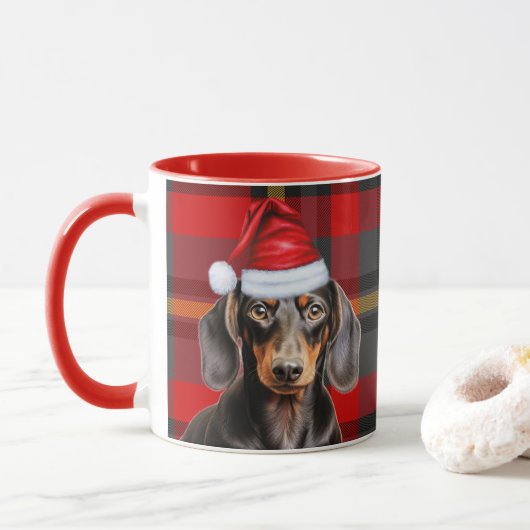 Dog Lover's Red Plaid Smooth Dachshund Holiday マグカップ (ドーナツ)