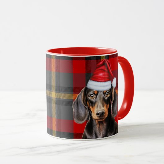 Dog Lover's Red Plaid Smooth Dachshund Holiday マグカップ (正面右)