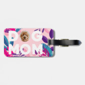 DOG MOM、あなたの写真、ピンクの花葉と ラゲッジタグ (裏面横)