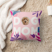 DOG MOM、あなたのPup写真、ピンクの花と葉 クッション (ブランケット)
