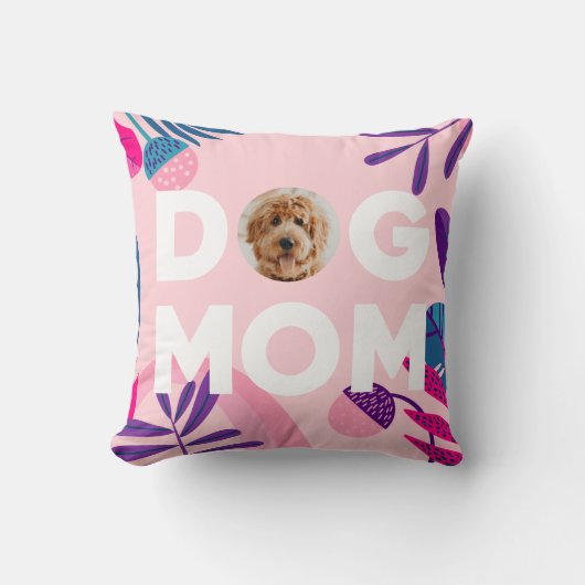 DOG MOM、あなたのPup写真、ピンクの花と葉 クッション (正面)