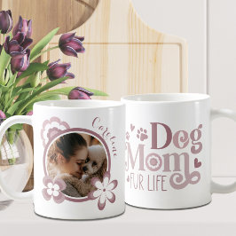 Dog Mom レトロフラワーズ ブルッシュピンク オカスタムフォト コーヒーマグカップ