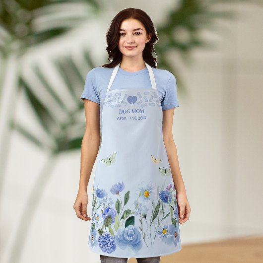 Dog Mom Elegant Floral Blue Personalized Apron エプロン