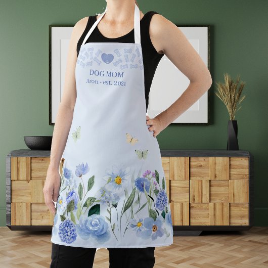 Dog Mom Elegant Floral Blue Personalized Apron エプロン