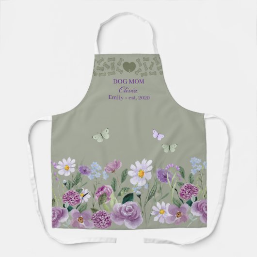Dog Mom Elegant Floral Sage Personalized Apron エプロン (正面)