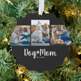 Dog Mom Established モダンスクリプト ブラック 3 写真 オーナメントカード