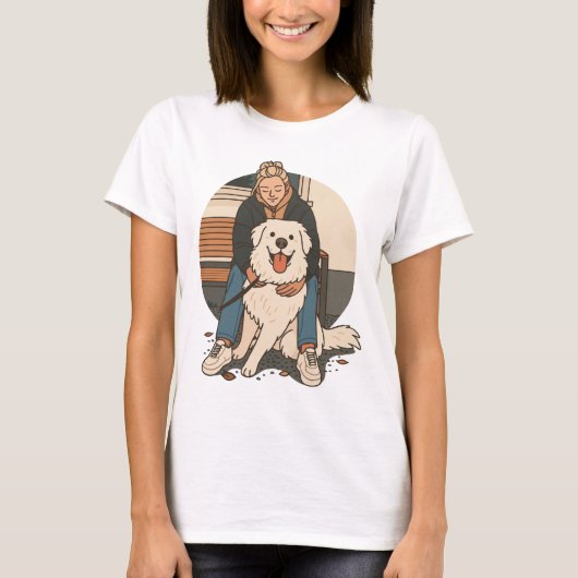 Dog Mom Hugging Fluffy Puppy Cute Pet Moment Tシャツ (正面)