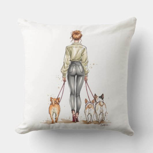 Dog Mom Throw Pillow | Stylish Dog Walker Fashion クッション (正面)
