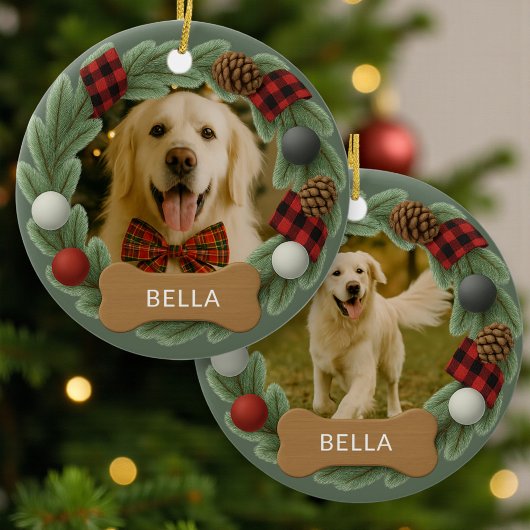 Dog Name Photo Holiday Christmas Wreath セラミックオーナメント