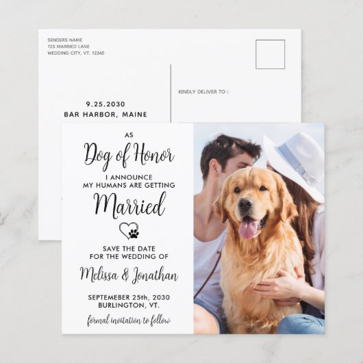 Dog Of Honor Budget結婚式Save日付はがき (正面/裏面)