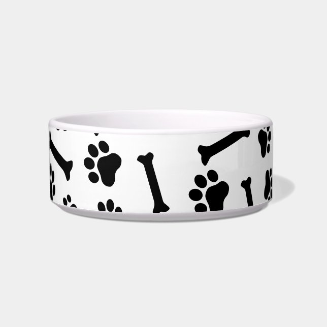 Dog Paw & Bones Seamless Pattern - Black & White ボウル (正面)
