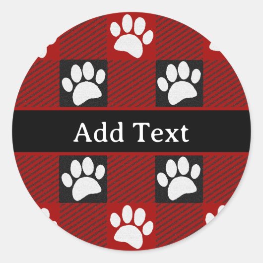 Dog Paw Print Buffalo Plaid In Black and Red ラウンドシール (正面)