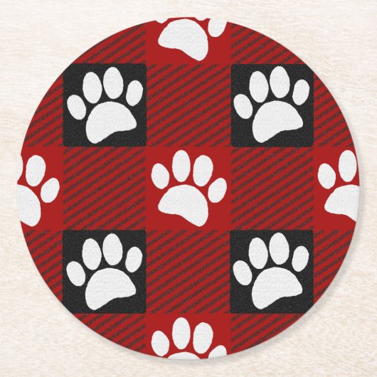 Dog Paw Print Buffalo Plaid In Black and Red ラウンドペーパーコースター (正面)