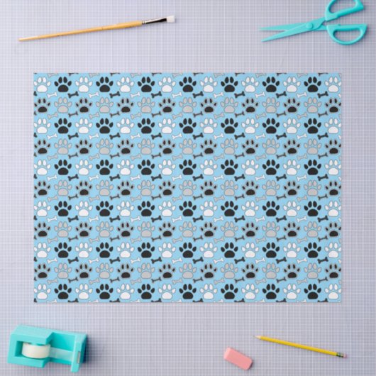Dog Paw Prints and Bones Pattern Blue 薄葉紙 (クラフト)