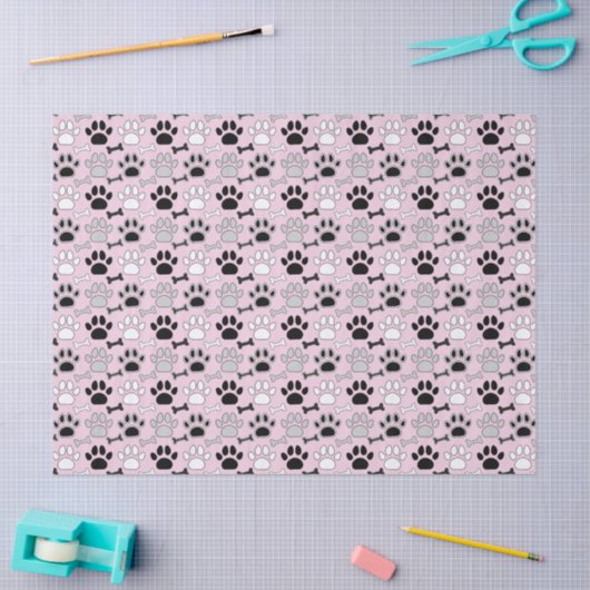 Dog Paw Prints and Bones Pattern Pink 薄葉紙 (クラフト)