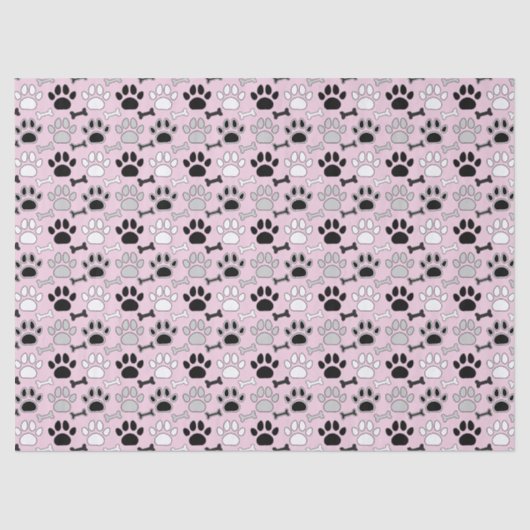 Dog Paw Prints and Bones Pattern Pink 薄葉紙 (正面)