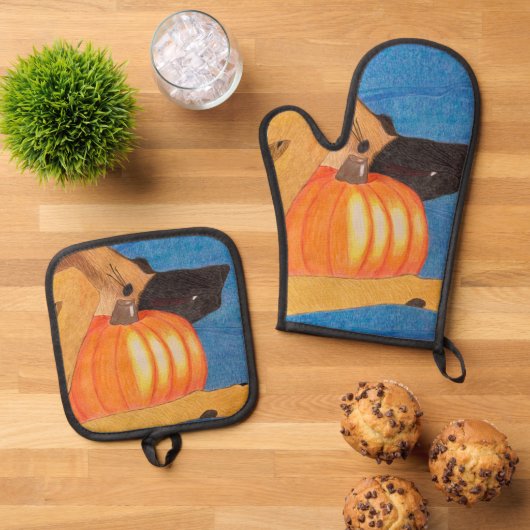 Dog paws and pumpkin oven mitt & pot holder set 鍋つかみ&鍋敷きセット (トップダウン)