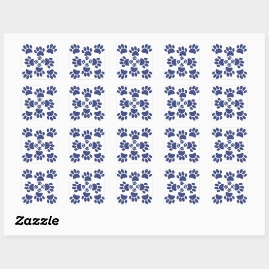 Dog Paws Prints Portuguese Style White and Blue  スクエアシール (シート)