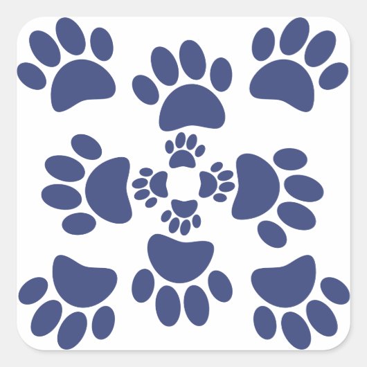 Dog Paws Prints Portuguese Style White and Blue  スクエアシール (正面)