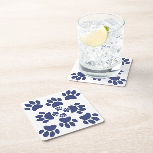 Dog Paws Prints Portuguese Style White and Blue スクエアペーパーコースター (インサイチュ)