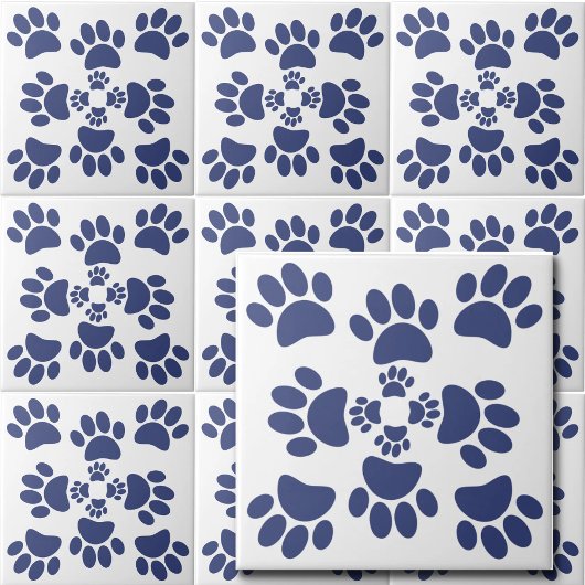 Dog Paws Prints Portuguese Style White and Blue タイル