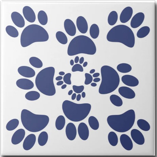 Dog Paws Prints Portuguese Style White and Blue  タイル