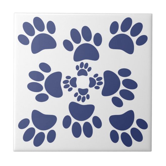 Dog Paws Prints Portuguese Style White and Blue タイル (正面)