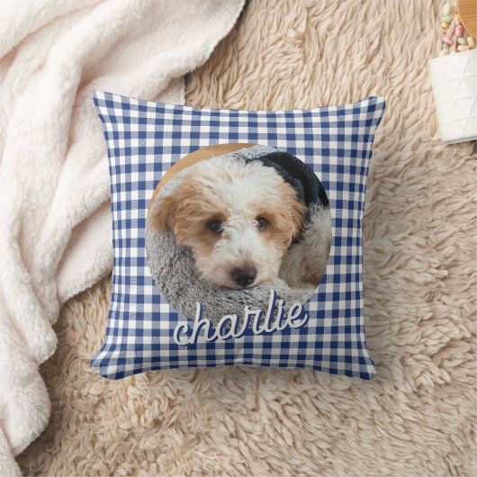 Dog Pet Personalized Photo Name Blue Plaid クッション (ブランケット)