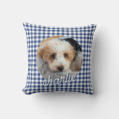 Dog Pet Personalized Photo Name Blue Plaid クッション (正面)