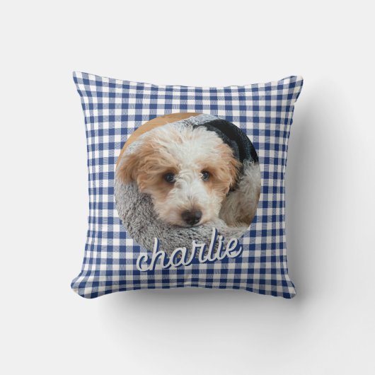 Dog Pet Personalized Photo Name Blue Plaid クッション (正面)