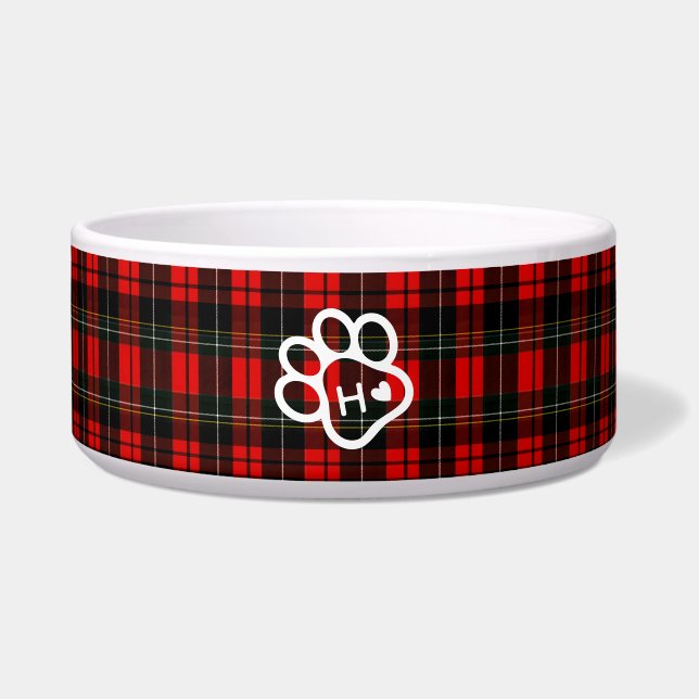  Dog Pets Monogram Name Paw Heart Tartan ボウル (正面)