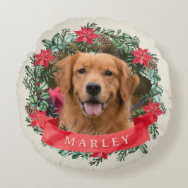 Dog Photo and Name Poinsettia Wreath Holiday Plaid ラウンドクッション