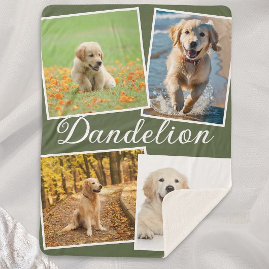 Dog Photo Pet Collage Olive Green Personalized シェルパブランケット