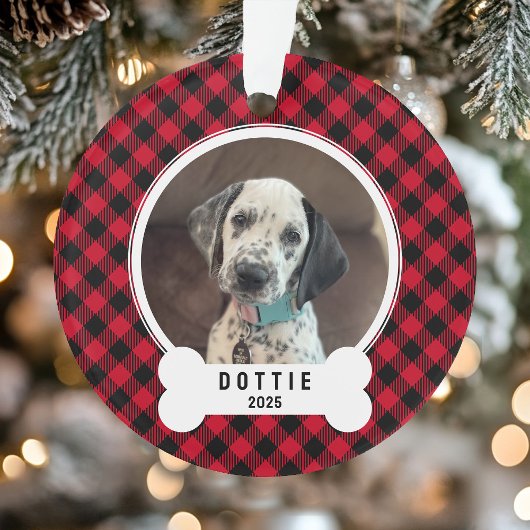 Dog Photo Red and Black Buffalo Plaid Christmas オーナメント