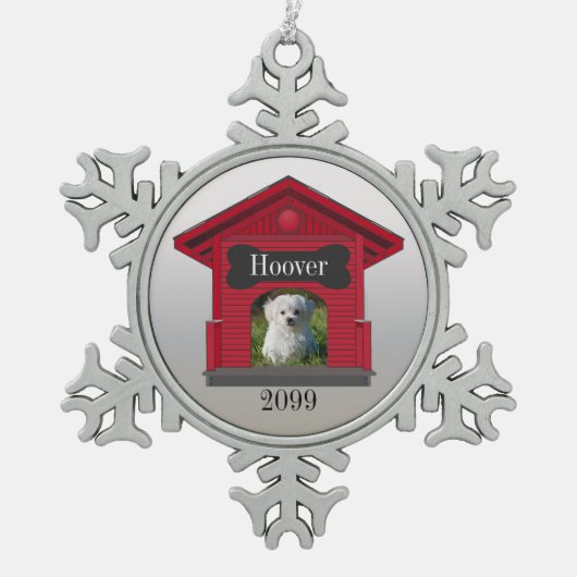 Dog Photo Upload Dog House w Bone Christmas スノーフレークピューターオーナメント (正面)