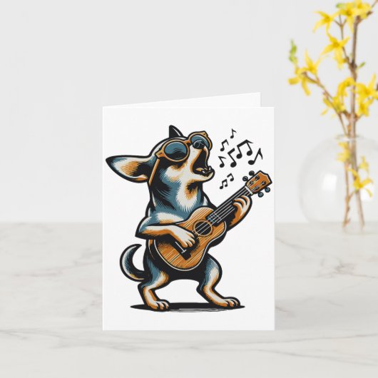 Dog Playing Guitar Singing Chihuahua Funny Dog Mar カード (黄色い花)