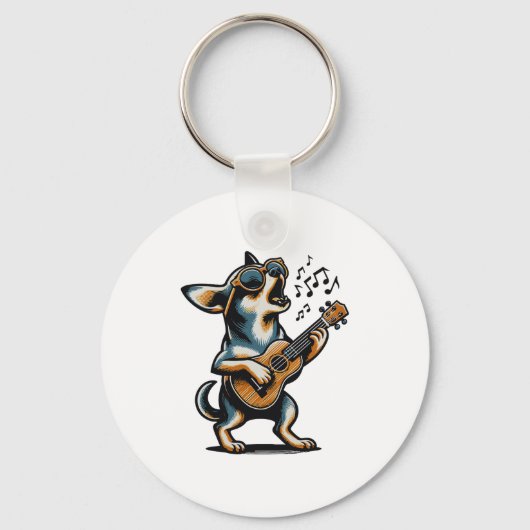 Dog Playing Guitar Singing Chihuahua Funny Dog Mar キーホルダー (正面)