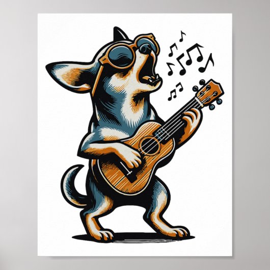 Dog Playing Guitar Singing Chihuahua Funny Dog Mar ポスター (正面)