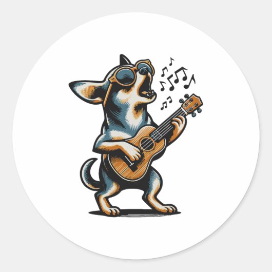 Dog Playing Guitar Singing Chihuahua Funny Dog Mar ラウンドシール (正面)