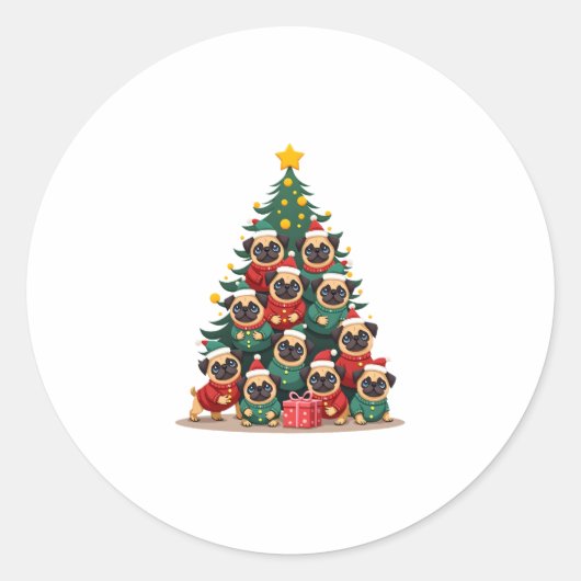 Dog Pugs Christmas Tree Cute Xmas (2) ラウンドシール (正面)