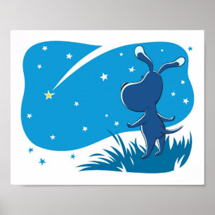 Dog Puppy Shooting Star Night Blue Sky Poster ポスター